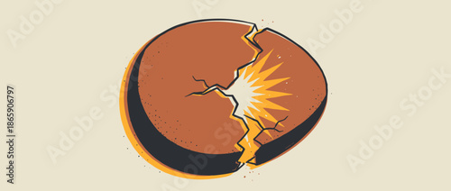 Brown cracked egg-like sphere explodes with a bright yellow light burst in a retro graphic illustration style with bold outlines and textured details