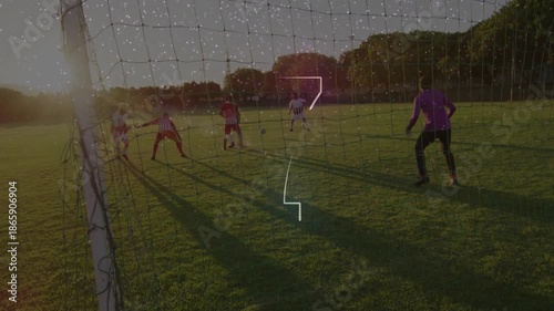 Soccer players on field with glowing circular animation over net