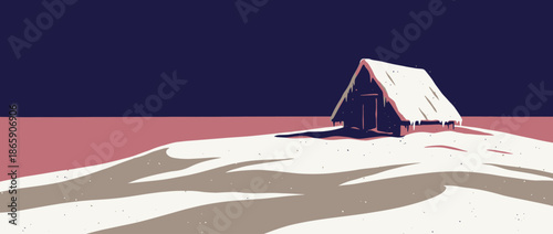 Small wooden A-frame cabin covered in thick snow rests on a desolate hill under a dark night sky in a serene, minimalist vector illustration