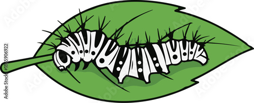 Striped caterpillar with spiky hairs crawls on a green leaf, cartoon style