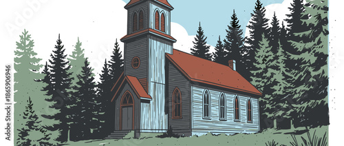 Rustic wooden church with a steeple and red roof stands peacefully among tall evergreen trees in a serene, vintage woodcut illustration style