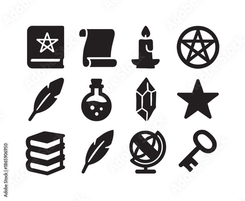 Arcane Icon Collection. Arcane Library. Solid icon set of arcane library: tome, scroll, candle, magic symbol, quill, potion, crystal, star, book stack,