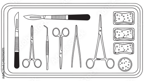 Surgical instrument tray containing sterile scalpels and forceps for professional clinical procedures and pharmaceutical healthcare equipment business branding.