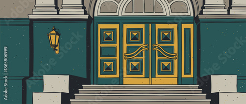 Ornate yellow and teal double door entrance to a stately classical building, illustrated in a graphic retro style with bold lines, stone steps, and a vintage wall lantern
