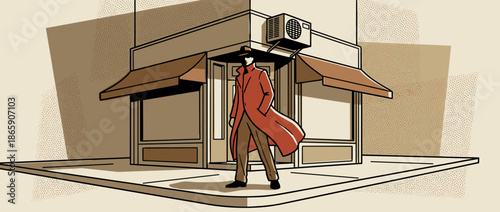 Mysterious man in a red trench coat and fedora stands on an urban street corner in a retro film noir style illustration with dramatic shadows and halftone textures