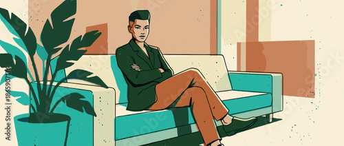 Confident young person in a green jacket and brown pants sits on a modern couch with arms crossed in a stylish, minimalist interior with a large plant, depicted in a graphic illustration style