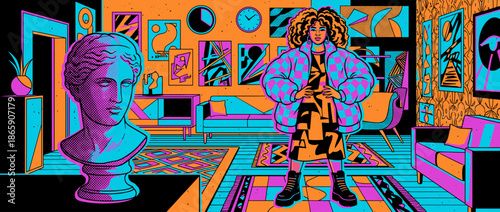 Stylish woman with curly hair wearing a checkered puffer jacket stands confidently in a vibrant, eclectic room filled with abstract art and a classical bust
