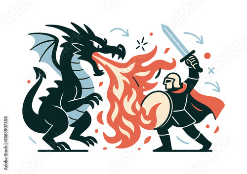 Dragon's Fiery Breath. Dragon fire. A fierce dragon breathes a torrent of flames at a shielded knight, fire curling around a raised sword. Glowing embers float