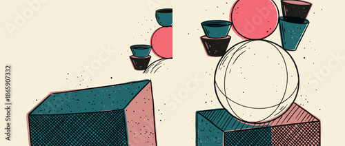 Hand-drawn illustration of stacked geometric forms featuring spheres, cubes, and bowls in a retro color palette with sketchy lines and textured details for a vintage artistic concept