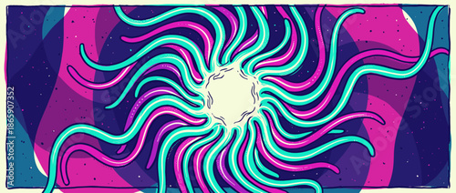 Vibrant abstract sun with long wavy tendrils radiating outward in a psychedelic comic book style illustration with neon magenta and turquoise colors