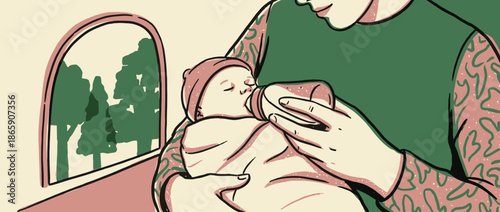 Tattooed parent gently bottle feeding a swaddled newborn baby, a tender illustration of modern parenthood and nurturing care in a warm and intimate moment at home