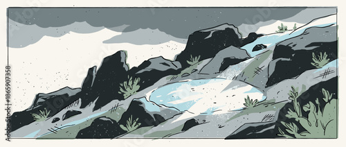 Graphic novel style illustration of a rugged mountainside with a melting stream of water flowing down its rocky slope under a moody, overcast sky