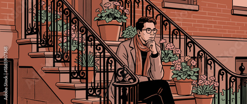 Pensive young man with glasses and a scarf sits thoughtfully on an urban stoop, surrounded by potted flowers and an ornate railing in a detailed comic book style illustration