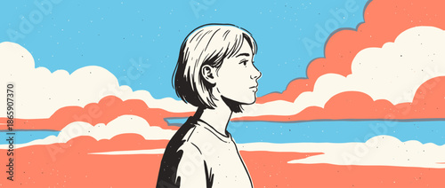 Young woman with short hair gazes forward with a pensive expression in a beautiful, hand-drawn graphic novel style illustration against a colorful sunset sky