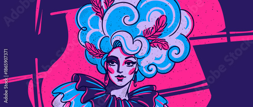 Glamorous drag queen illustration in a pop art style, featuring a large blue wig with pink feathers, dramatic makeup, and a confident expression with halftone details