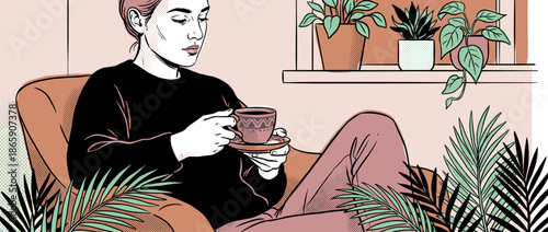 Calm illustrated woman in a sweater sits relaxing in an armchair holding a warm cup of coffee, enjoying a quiet moment of mindfulness at home surrounded by houseplants