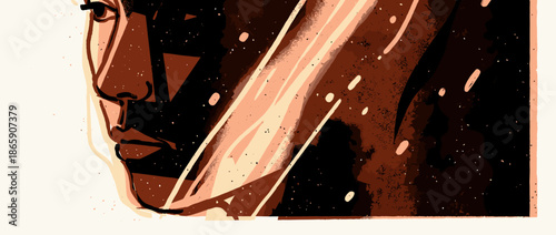 Stylized graphic illustration of a woman astronaut looking out from her helmet, with a reflection of a starry cosmos on the visor in a minimalist, retro comic book style