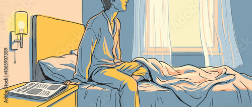 Pensive person in blue pajamas sits on the edge of a bed in a sunlit room, looking thoughtfully towards the window in a comic book style illustration with halftone shading