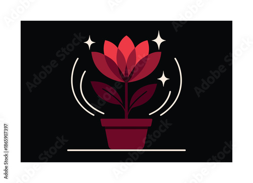 Radiant Blossoming Flower. Blooming tabletop pot. A vibrant flower opening with radiant petals; sparkle icons revealing freshness. Curved lines expressing