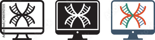 Biotechnology research on desktop monitor icon set with chromosome dna symbols for science