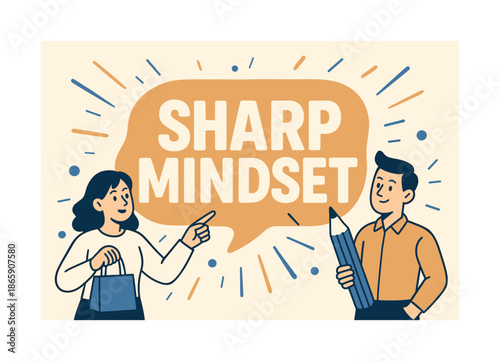 Sharp Mindset Banner. Sharp mindset banner, flat vector illustration, bold oversized text inside rounded blob banner, cartoon characters standing and pointing,