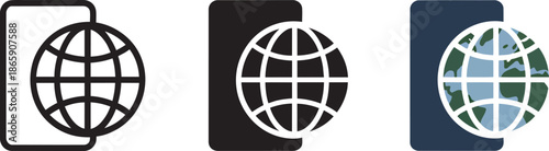 Global connection via mobile phone icon set with outline silhouette and colored world map