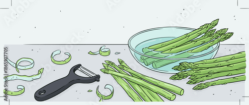 Fresh green asparagus spears being prepared for cooking, with a vegetable peeler, peels, and a glass bowl of water in a minimalist comic book style illustration