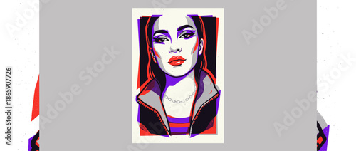 Stylized pop art portrait of a woman with bold makeup and a confident gaze, illustrated in a vibrant graphic style with red and purple accents on her jacket and hair