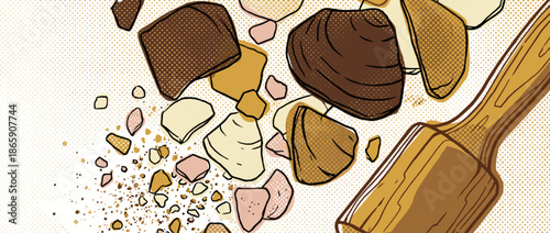 Wooden mallet smashing rocks into small pieces in a dynamic pop art style illustration with bold outlines and halftone dot patterns, showing a powerful impact and shattering effect
