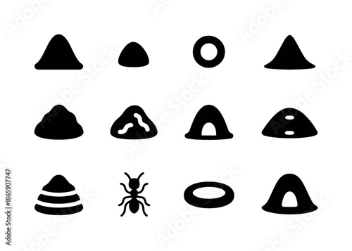 Ant Mound Icons. Ant mounds. Solid icon set of Ant mounds: ant hill, tiny ant mound, entrance hole, raised soil cone, colony mound, mound with tunnels, dome