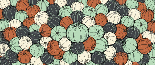 Colorful collection of hand-drawn pumpkins in a vintage illustration style with a muted, earthy color palette and a dense, repeating pattern for an autumnal theme