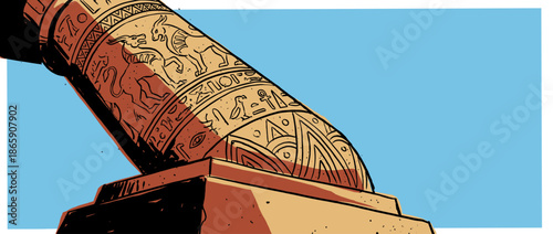 Ancient stone column with carved hieroglyphs and mythical creatures in a bold graphic illustration style with strong shadows, viewed from a low angle perspective