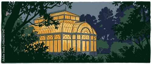 Beautifully illustrated vintage glass greenhouse glows with warm yellow light in a dark garden at night, surrounded by mysterious tree silhouettes under a starry sky