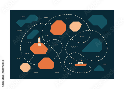Geometric Islands and Routes. Islands and routes. Clustered islands drawn in geometric shapes; ship routes looping in dynamic arcs. Mini wave symbols