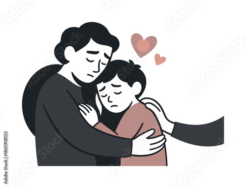 Reassuring Family Hug. Reassuring hug. A parent comforting a child while the other offers a gentle touch; glowing heart shapes symbolizing emotional