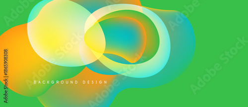 Abstract vibrant shapes overlap, creating fluid gradients. Green background complements orange, yellow, turquoise hues. Modern design element.