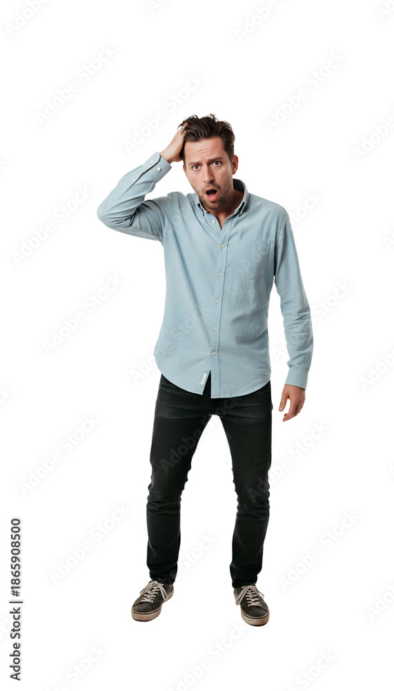 Fototapeta premium A man scratching his head vigorously looking totally baffled