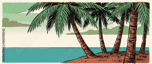 Several hand-drawn palm trees with textured trunks stand on a sandy shore next to the calm turquoise sea in a retro, graphic illustration style