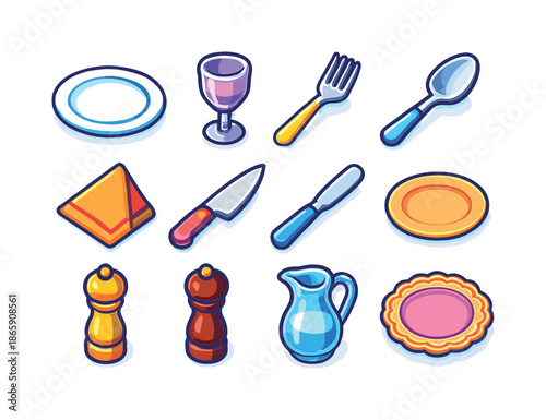 Colorful Tableware Icons. Fine tableware. Colorful isometric vector icons set of fine tableware: porcelain plate, crystal wine glass, silver fork, silver