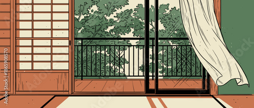 Traditional Asian-style room with shoji screens and an open sliding door shows a breezy balcony with lush trees as a light curtain gently blows in the wind in a calm illustration