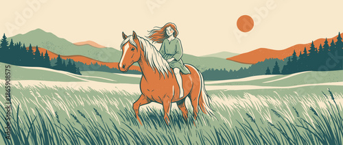 Young woman with long red hair rides a beautiful brown horse bareback through a grassy meadow with rolling hills and a forest in a serene, vintage illustration style