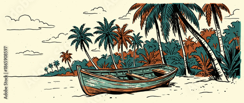 Weathered wooden fishing boat is beached on a serene tropical island with tall palm trees in a vintage, hand-drawn illustration with a textured, limited color palette