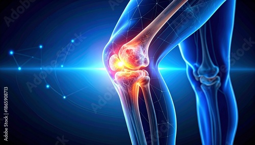 Digital illustration of a human knee joint with glowing red and orange inflammation, surrounded by blue anatomical details and a futuristic background.