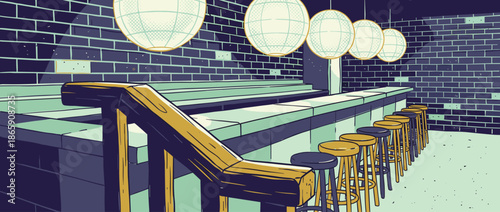 Empty bar interior with a long counter and row of stools illuminated by glowing spherical lanterns in a moody, graphic comic art style