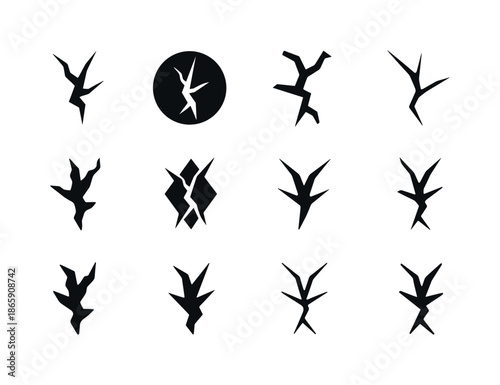 Crack Icon Variations. Crack. Icon set. Set Logo of Crack: broken mirror line. harmonious logo variations of the same emblematic concept, each with different