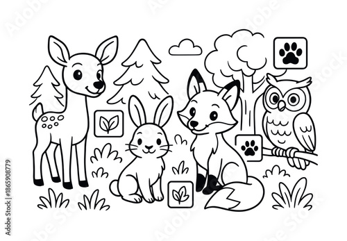 Forest Animals Coloring Fun. Forest animals and their ecosystem role children?s coloring book illustration, outlined drawing, group of friendly forest animals