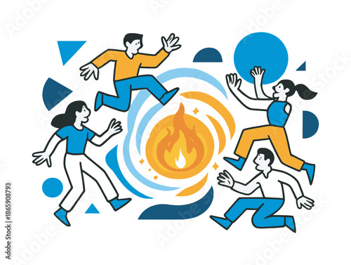 Radiant Flame Expansion. Radiant Heat Burst. A circular flame core expands outward in layered rings of wavy heat, pushing back surrounding shapes. Tiny