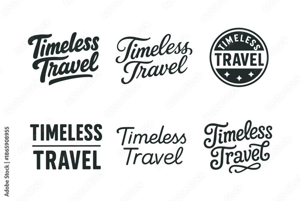 Obraz premium Creative Lettering Designs. Timeless travel captures. Set lettering. harmonious lettering variations of the same emblematic concept, each with different