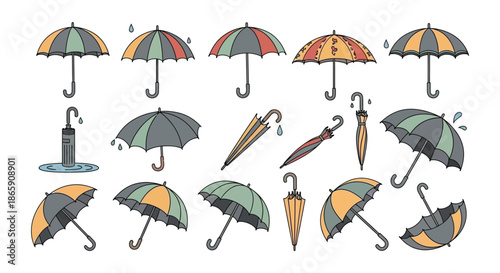 Colorful collection of illustrated umbrellas and raindrops a weather themed design
