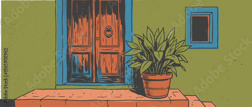 Old weathered wooden front door next to a potted plant on a porch in a retro, hand-drawn linocut style with muted, earthy colors and a halftone texture